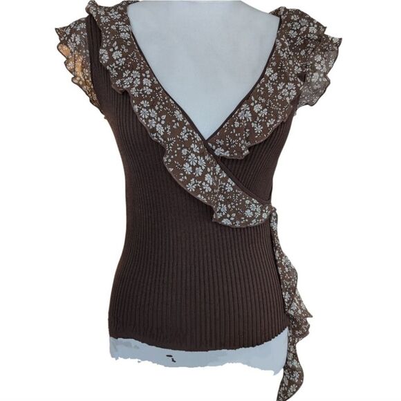 Wrap effect body fit silk blend Mocha brown top stretchy with silk raffl… - Picture 10 of 14